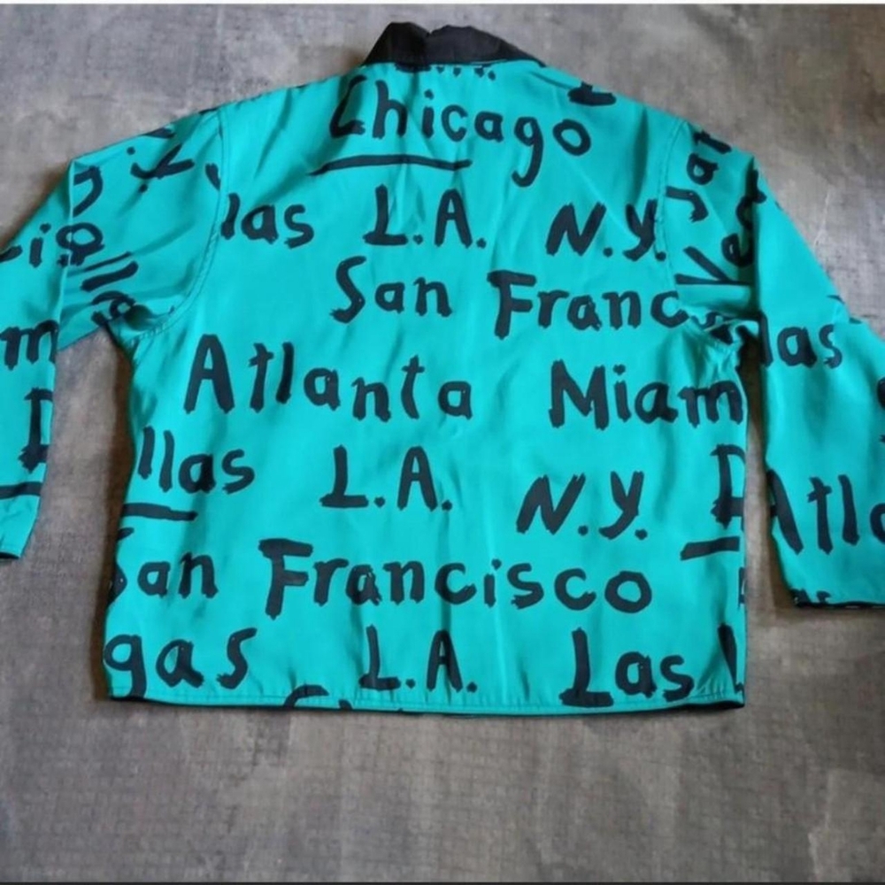 Vintage Reversible Teal Graphic Print City Jacket, L.A. N.Y. Miami San Francisco - Picture 4 of 7